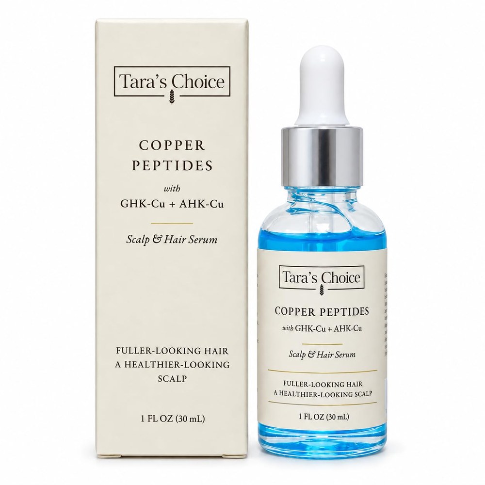 Tara's Choice Copper Peptides Scalp & Hair Serum with GHK-Cu and AHK-Cu, 1 fl oz dropper bottle and box