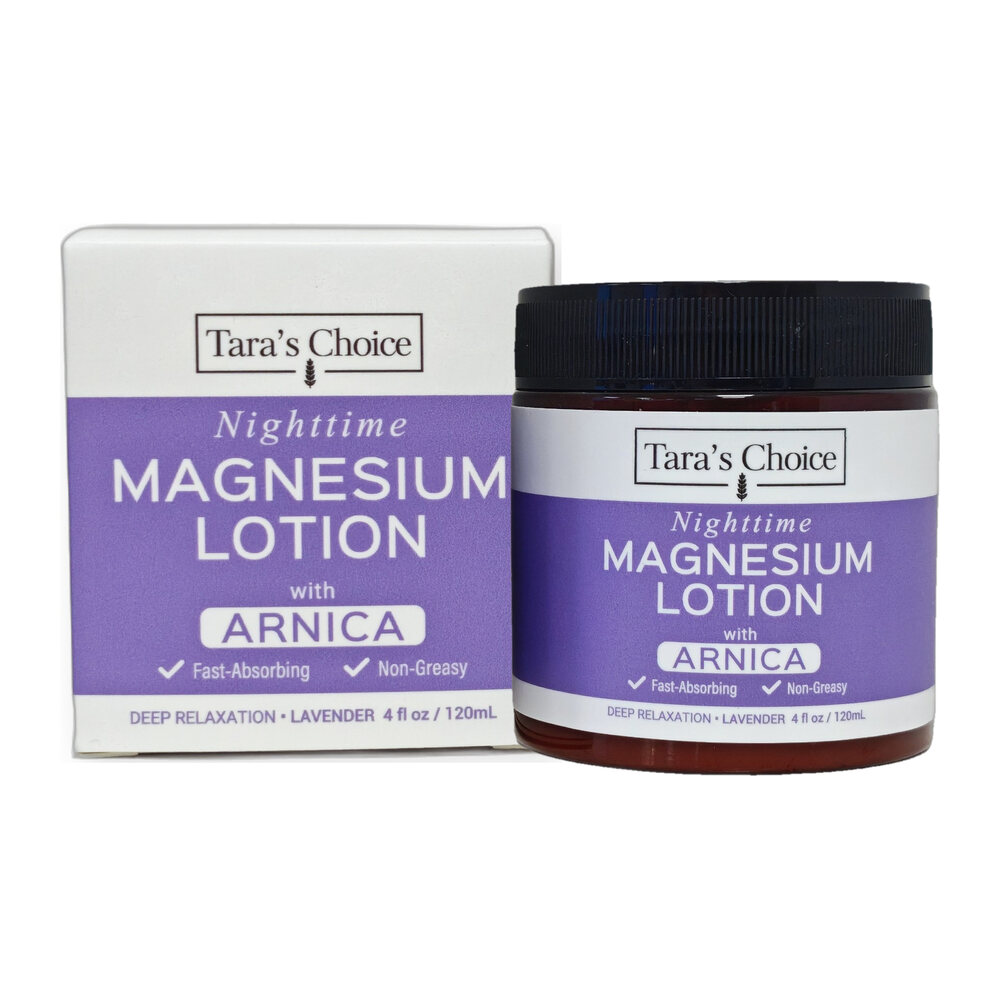Tara's Choice Nighttime Magnesium Lotion with arnica and lavender, 4 fl oz amber jar and box
